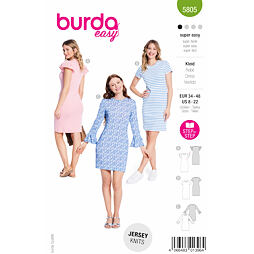 Střih Burda zelený 5805 - tričkové šaty s kulatým výstřihem, žerzejové šaty