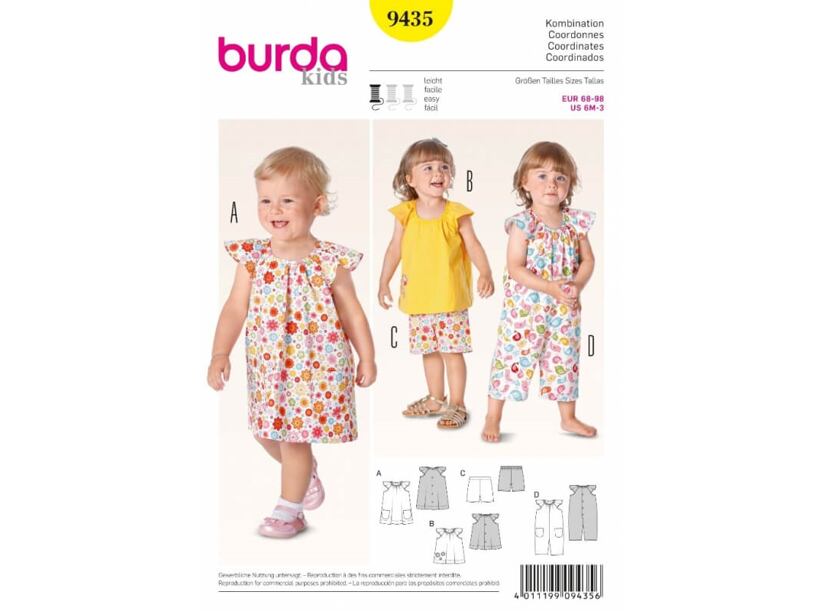 Střih Burda žlutý 9435 - dětské šaty, halenka, kraťasy, overal