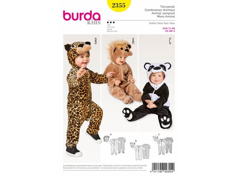 Střih Burda žlutý 2355 - dětský kostým lev, gepard, panda