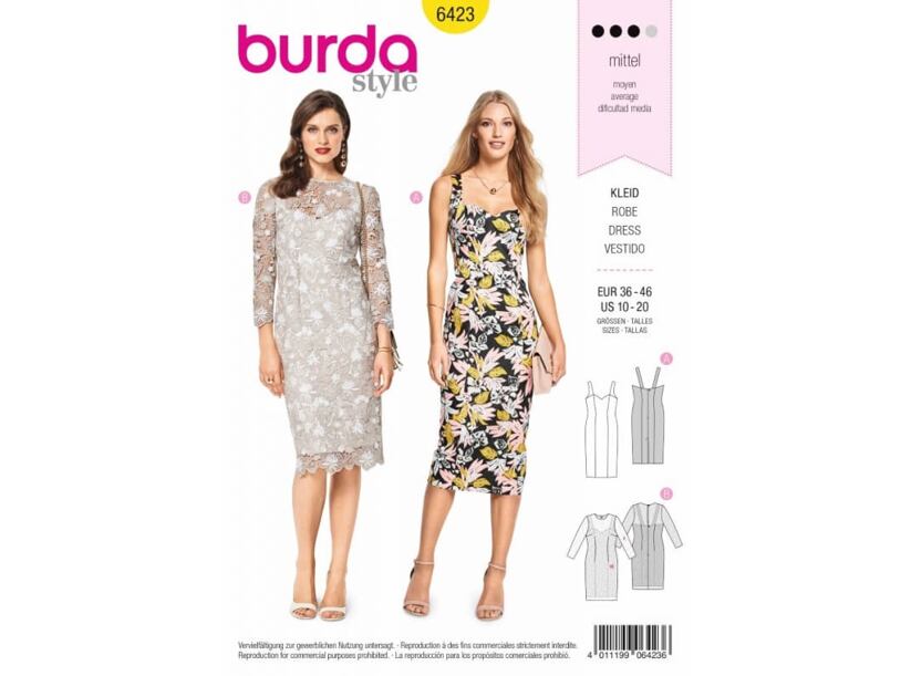 Střih Burda žlutý 6423 - dámské krajkové šaty, pouzdrové šaty