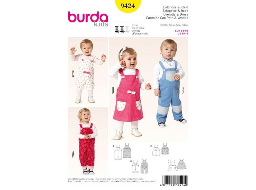 Střih Burda žlutý 9424 - dětské laclové kalhoty, lacláče, laclové šaty