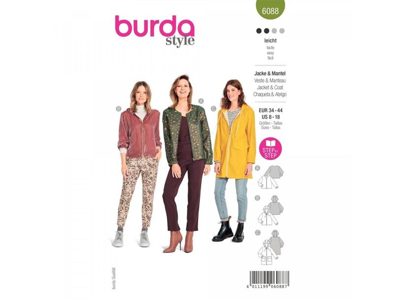 Střih Burda zelený 6088 - mikina na zip s kapucí, sako na zip, dlouhá bunda s kapucí, pláštěnka