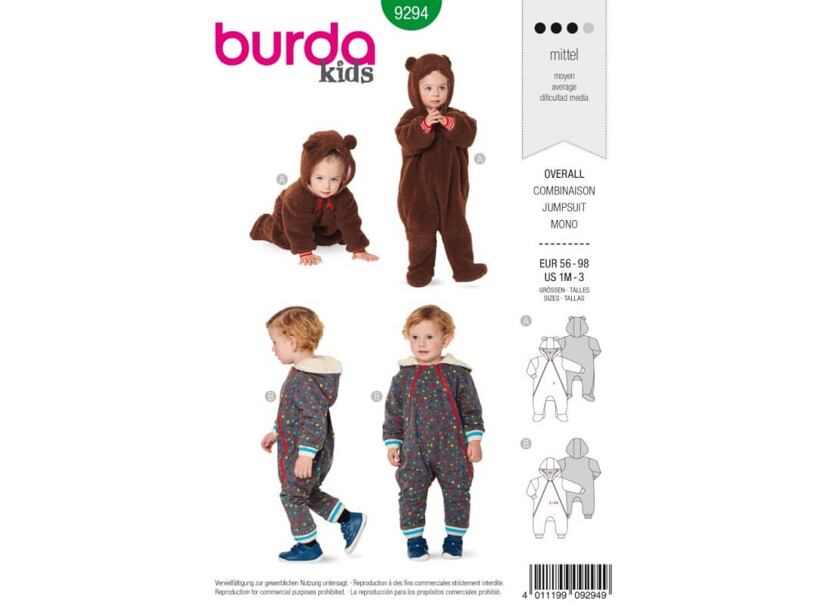 Střih Burda zelený 9294 - dětské dupačky, overal