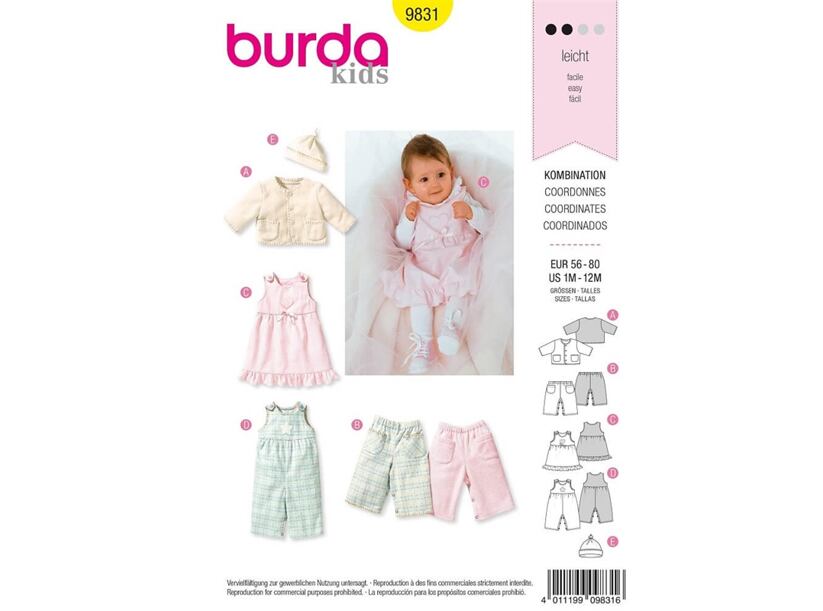 Střih Burda žlutý 9831 - dětská mikina, kalhoty, bodýčko a šaty