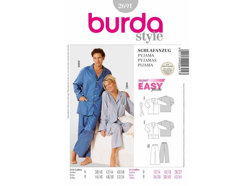 Střih Burda šedý 2691 - unisex pyžamo