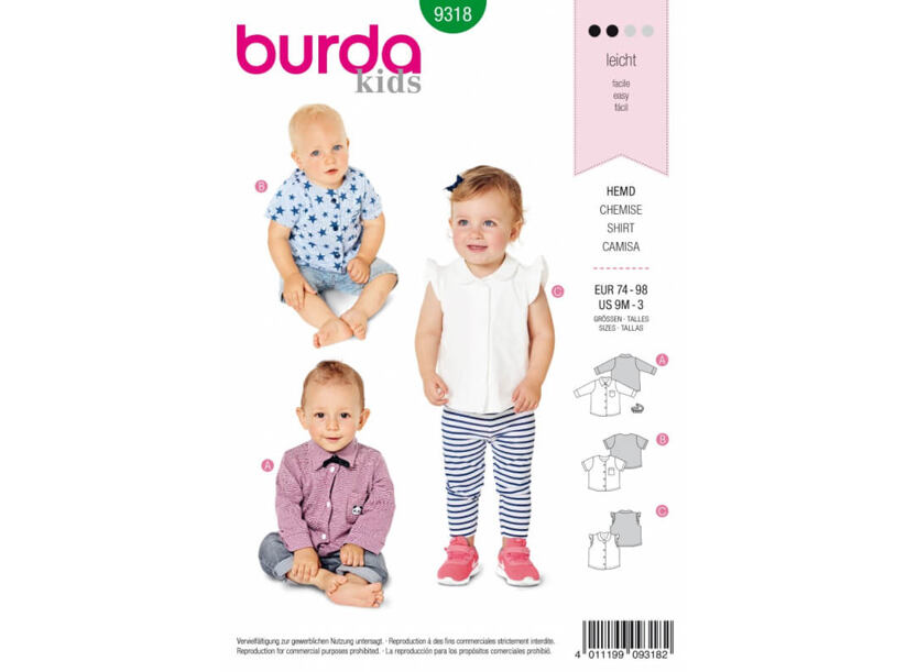 Střih Burda zelený 9318 - dětská košile, košile s motýlkem