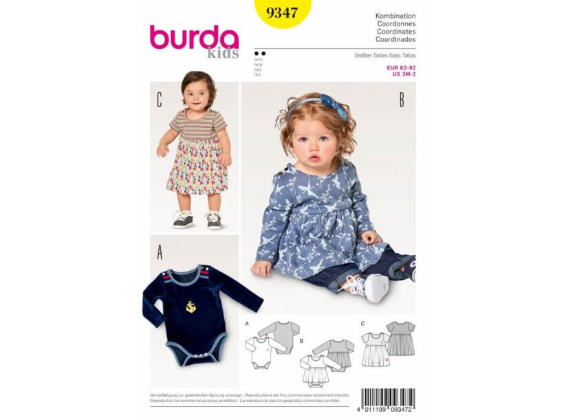 Střih Burda žlutý 9347 - dětské bodýčko, bodýčko se sukní