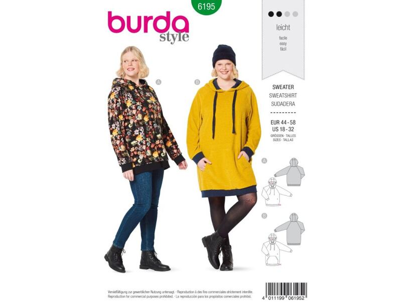 Střih Burda zelený 6195 - mikina s kapucí, mikinové šaty pro plnoštíhlé