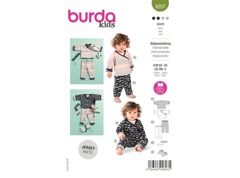 Střih Burda zelený 9257 - zavinovací tričko, tepláčky, čelenka a capáčky