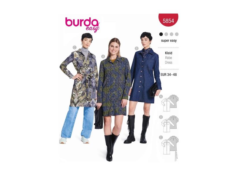 Střih Burda červený 5854 - košilové šaty, džínové šaty