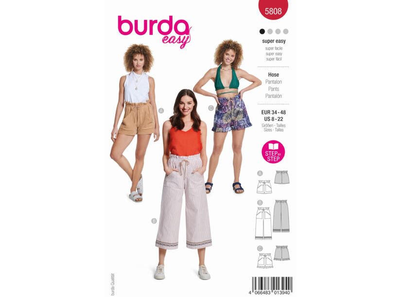 Střih Burda červený 5808 - kalhoty se stahováním v pase, šortky, kraťásky, culottes