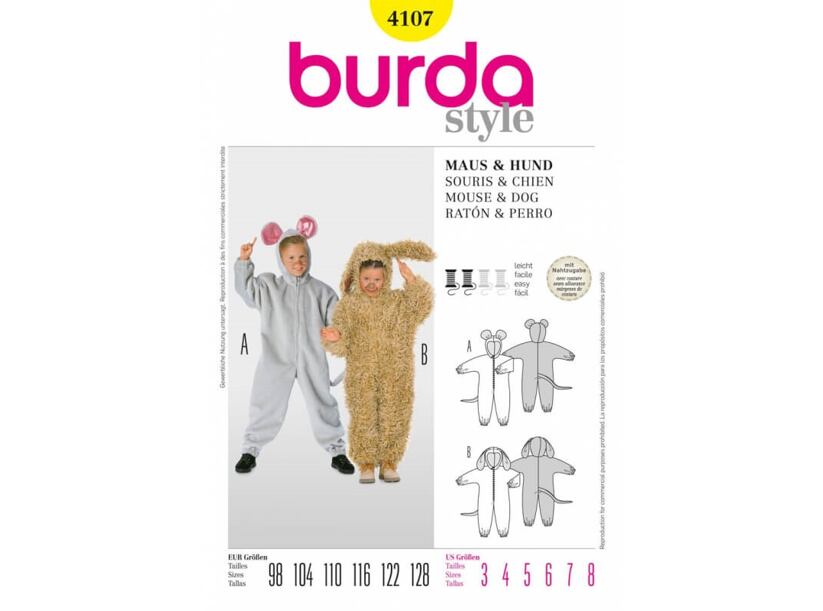 Střih Burda žlutý 4107 - dětský kostým myška, pejsek