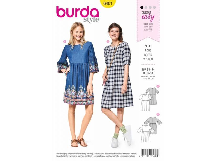 Střih Burda žlutý 6401 - letní šaty, pohodlné šaty, flanelové šaty