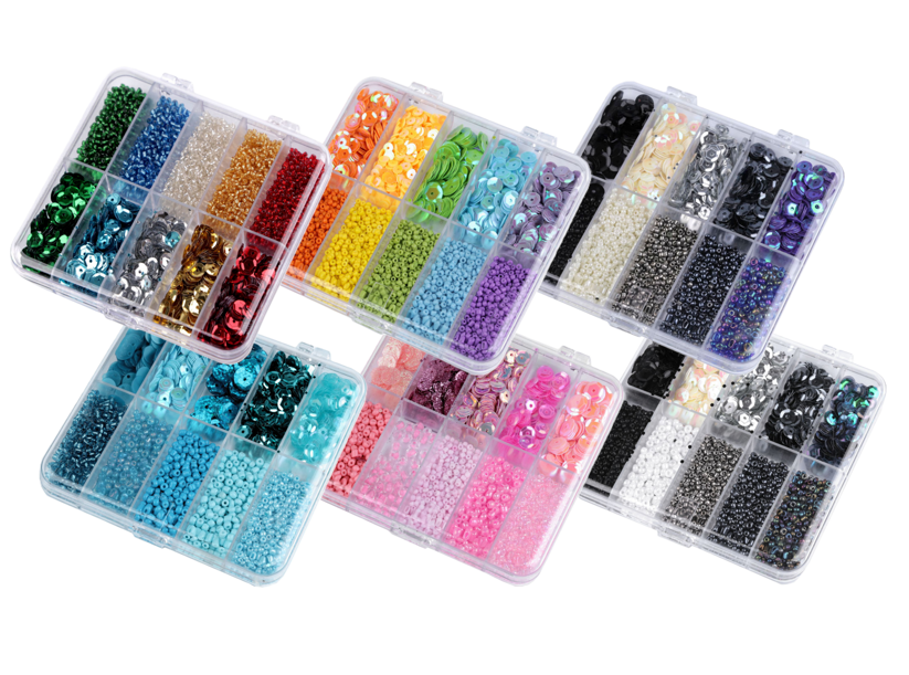 Sada korálků rokajl a flitrů v boxu