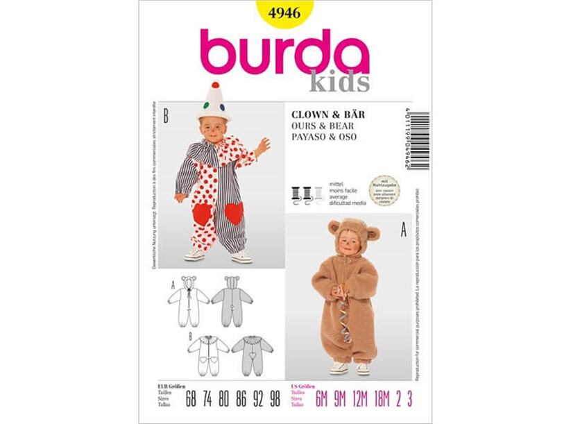 Střih Burda žlutý 4946 - dětský kostým klauna, medvěda