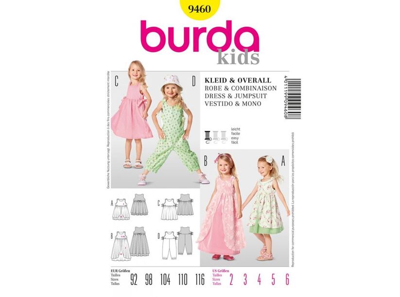 Střih Burda žlutý 9460 - dětské šaty, overal