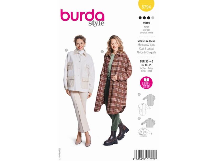 Střih Burda žlutý 5794 - rovný kabát, přechodový kabát, bunda s kapsami