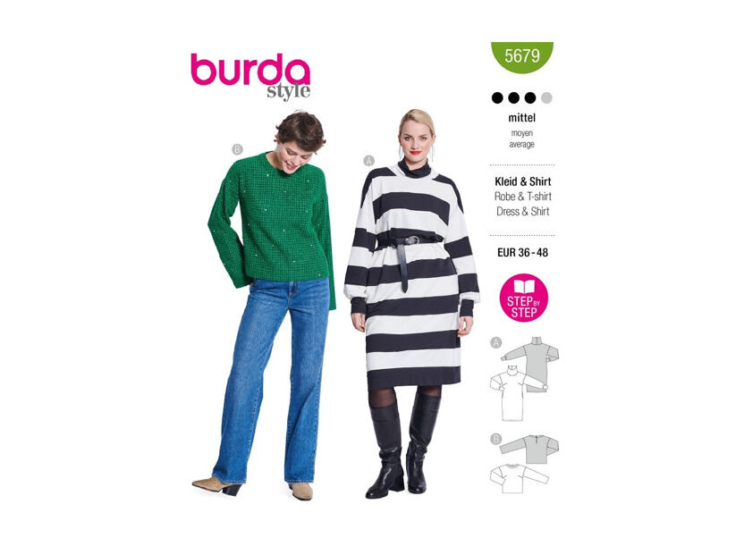 Střih Burda zelený 5679 - mikinové šaty, rolákové šaty, svetr